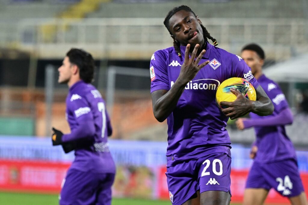 Florence, Italy. 04th Dec, 2024. ACF Fiorentina'''s forward Moise Kean celebrates after scoring a goal during ACF Fiorentina vs Empoli FC, Italian football Coppa Italia match in Florence, Italy, December 04 2024 Credit: Independent Photo Agency/Alamy Liv