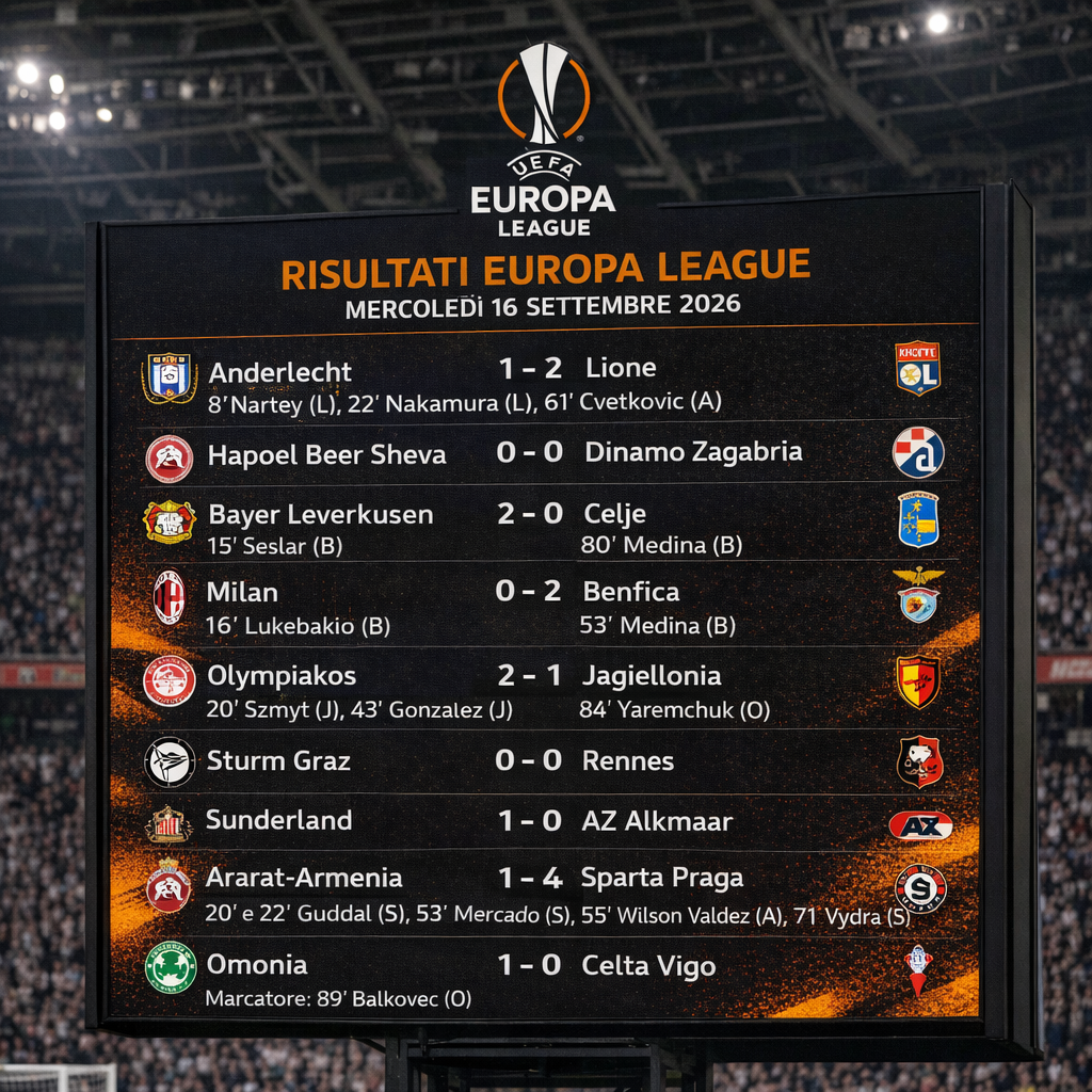 I risultati dell’Europa League di mercoledì 16 settembre 2026 11111