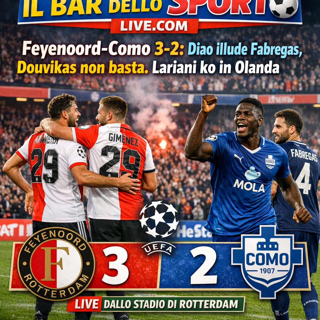 Champions League, Feyenoord-Como 3-2: Diao illude Fabregas, Douvikas non basta. Lariani ko in Olanda 18